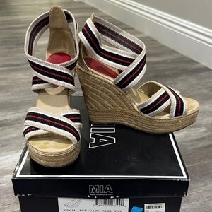 MIA Renagade Striped Wedge Sandals in Black, Red, & White